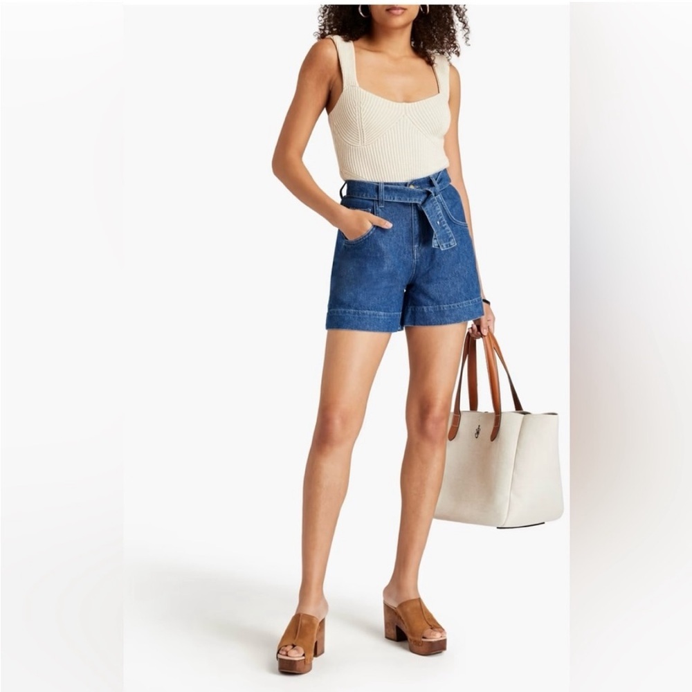 High-Waist Tie-Belt Denim Shorts - Blue